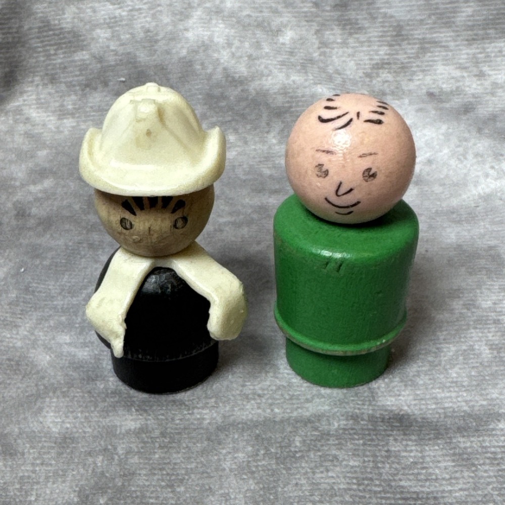 2 Vintage Wooden Fisher Price Little People 1960-70's fireman dad collectible